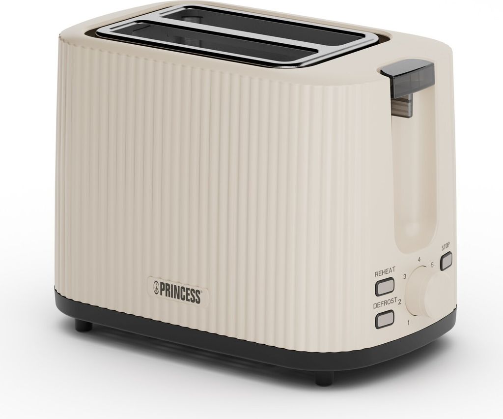 A beige toaster with a ribbed texture and black base, shown from a slight angle on a white background.