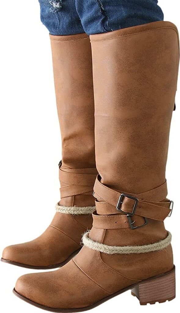 ASKSA Damen Stiefeletten Overknees Stiefel mit Absatz Plateau Elegant Lange Cowboystiefel, Braun, Größe: 40
