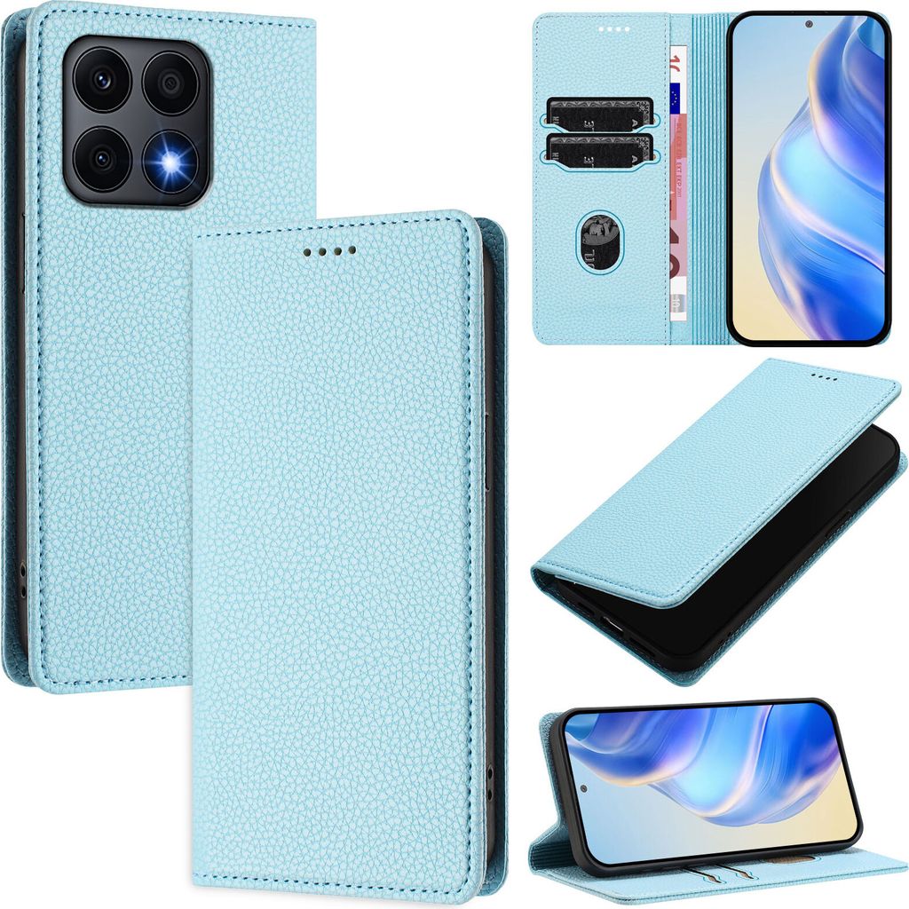 Litchi Leder Handyhülle für Honor X8 5G/Honor X6 4G/Honor 70 Lite/Honor X8A Wallet Kartenfächer Standfunktion Hülle Hellblau