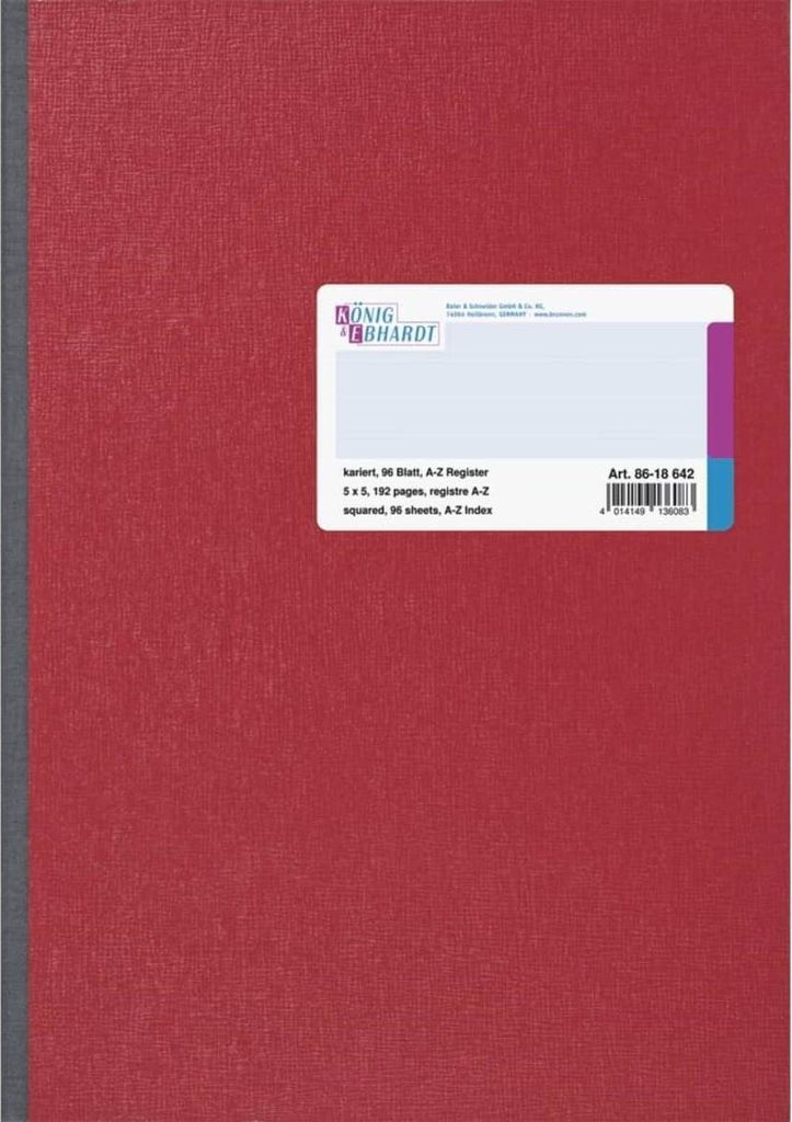 König Ebhardt 86-18642 Kladde A4 kariert, 96 Blatt, Register A-Z, Spezialpappe rot