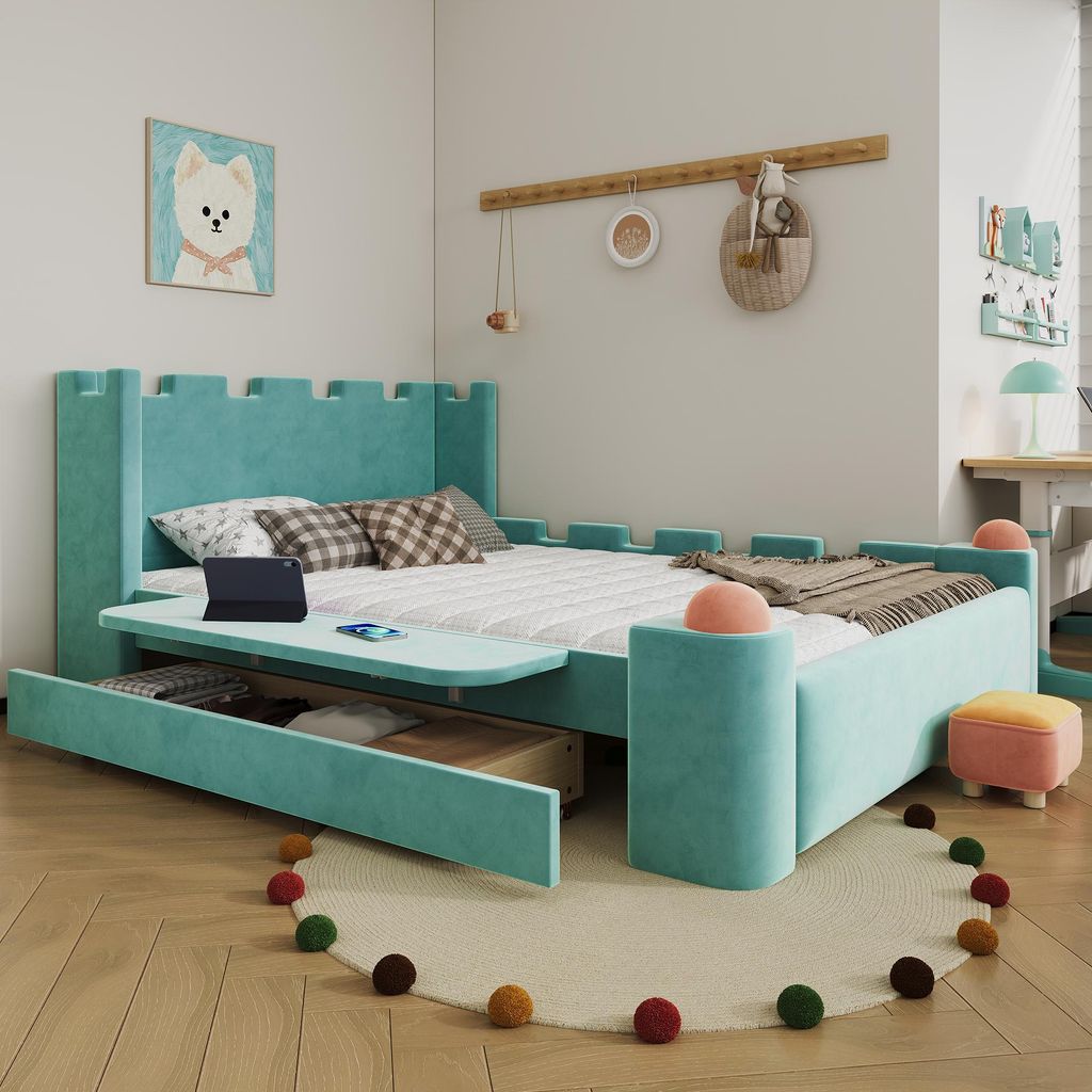 Flieks Kinderbett 140x200cm mit Schublade, Polsterbett mit klappbarer Seitenablage, Holzbett Doppelbett mit Lattenrost und Kopfteil, Samt, Blau