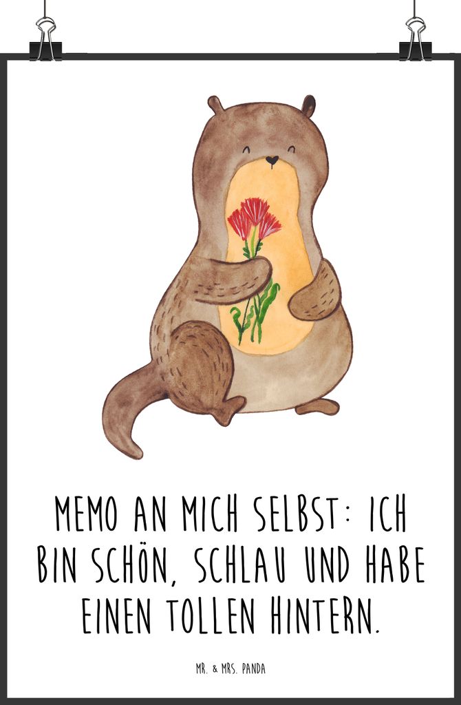 Mr. & Mrs. Panda Bild Otter Blumenstrauß DIN A2 - Weiß - Geschenk, Seeotter, wanddeko, Süß, Achtsamkeit, Deko, Wandbild, drucke, Plakat, Selbst...
