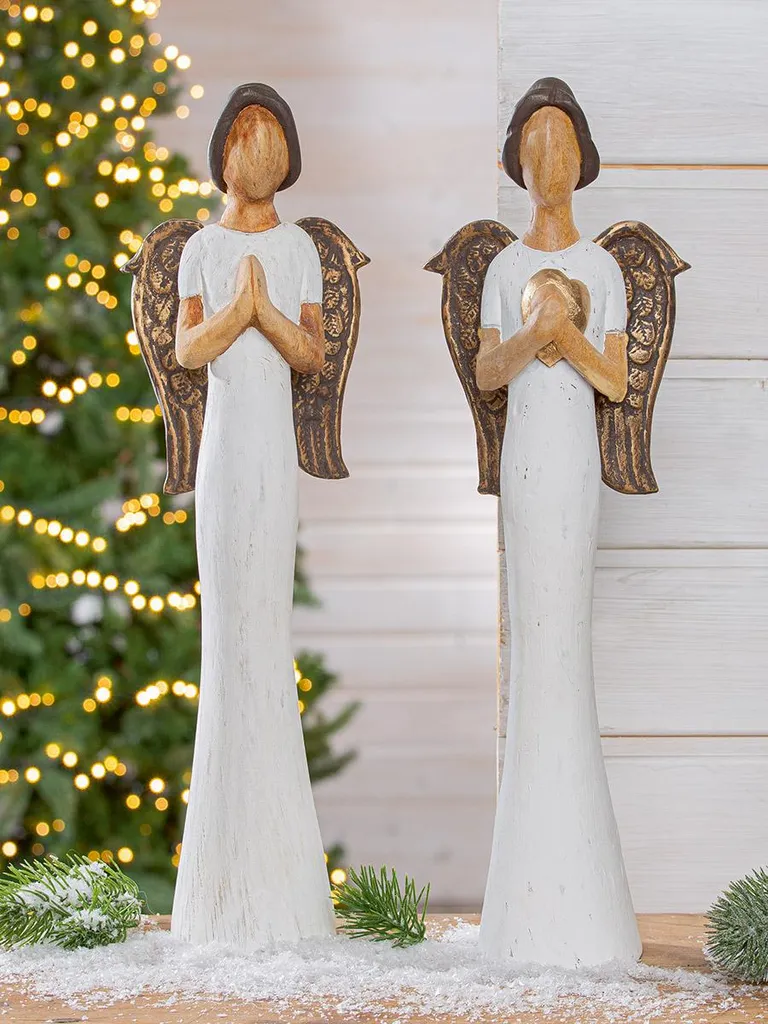Duo de Figurines Anges Elenore Gilde en Bois de Manguier Blanc et Cuivre