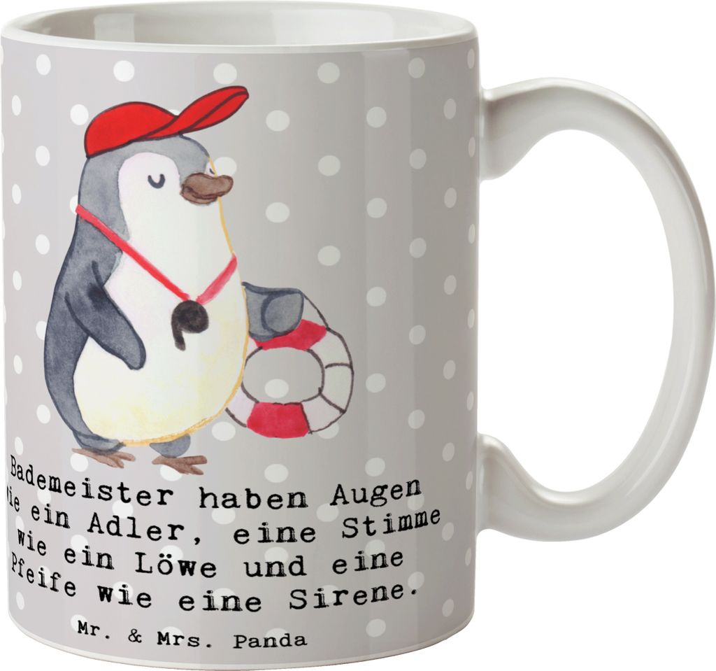 Mr. & Mrs. Panda Becher Bademeister Superheld - Grau Pastell - Geschenk, kreative Geschenke, Stimme wie ein Löwe, Herz, Beruf, schöne tasse, Kaff...