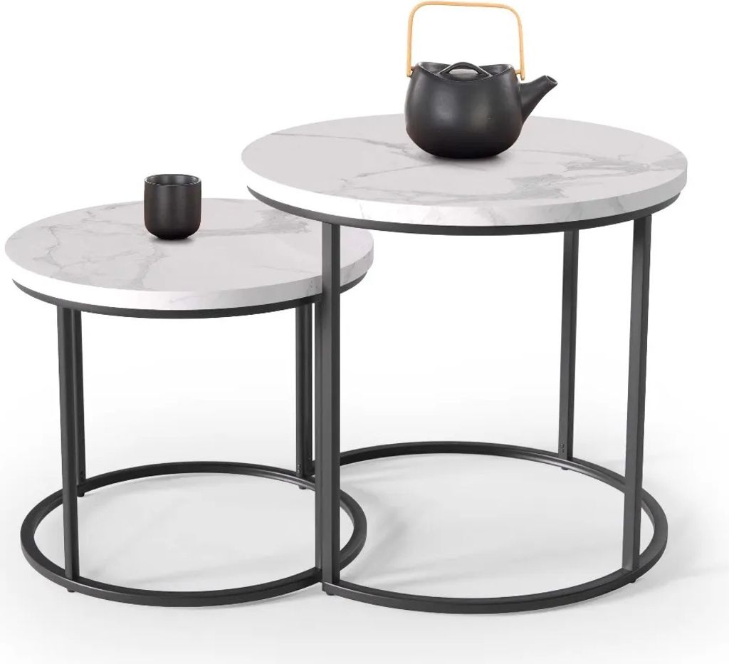 Halmar Runder Couchtisch (2 Stück) Oreo - weißer Marmor / schwarz