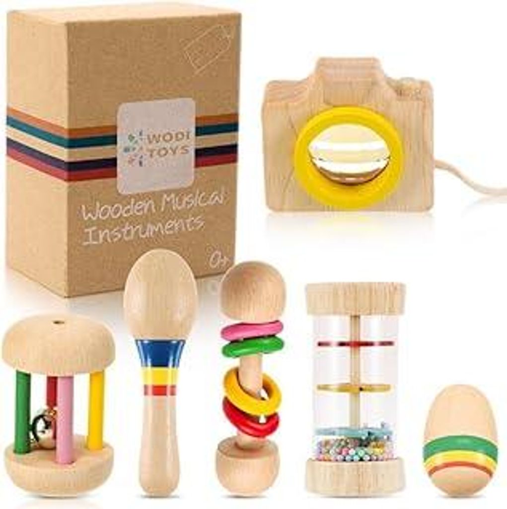 6 Stück Babyrassel Set Aus Holz Rassel Baby Holzspielzeug Baby-Musikinstrumente Angenehme Musik, Geeignet für Babys Im Alter Von 3-6-12-36 Monate...
