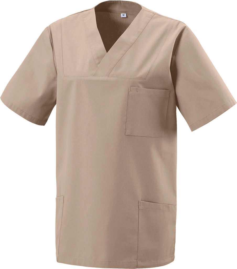 A plain beige scrub top is shown against a white background.