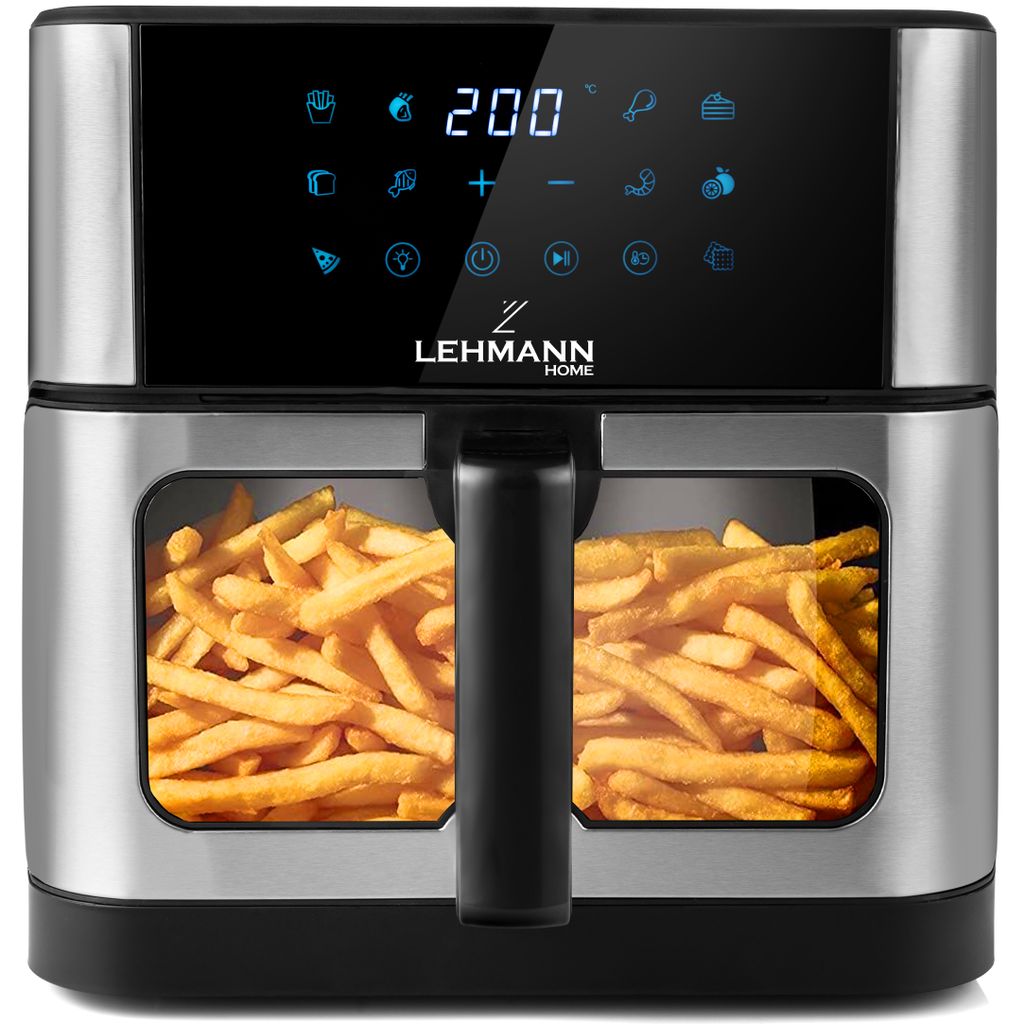 A close-up studio shot of a dual-basket air fryer filled with french fries.