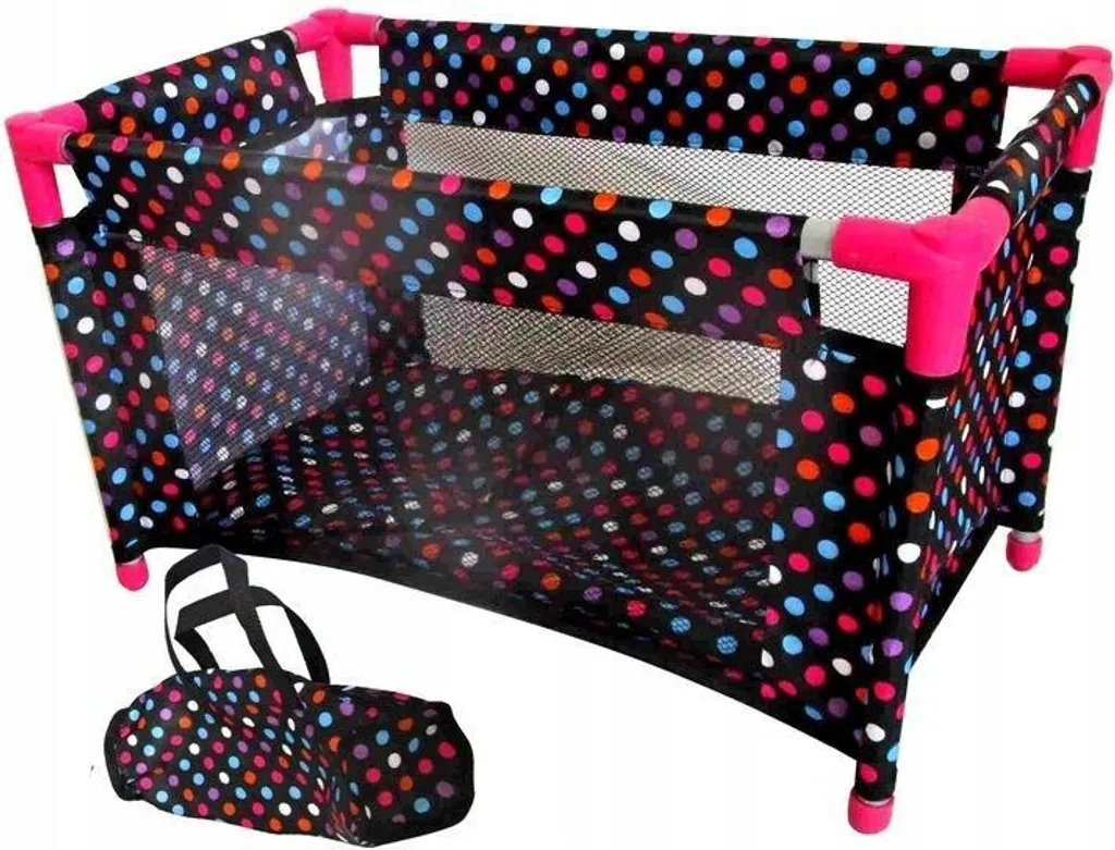 Lit de bébé et parc pour poupée noir à pois blancs - Accessoire jouet