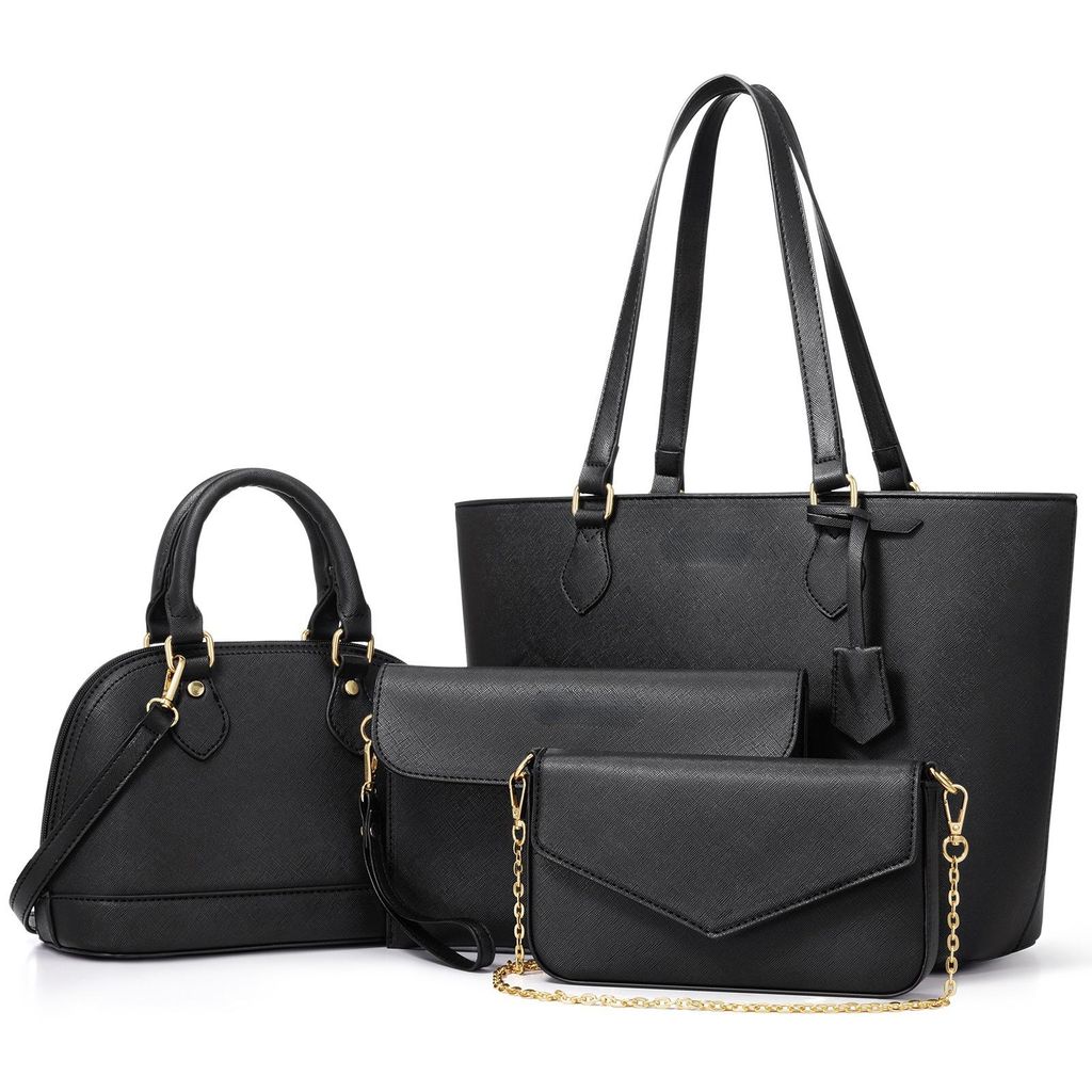 MODFU 4 tlg Umhängetasche Schultertasche mit Reißverschlüsse Shopper Tasche ,Handtasche Groß Schultertasche Kunstleder, Schwarz