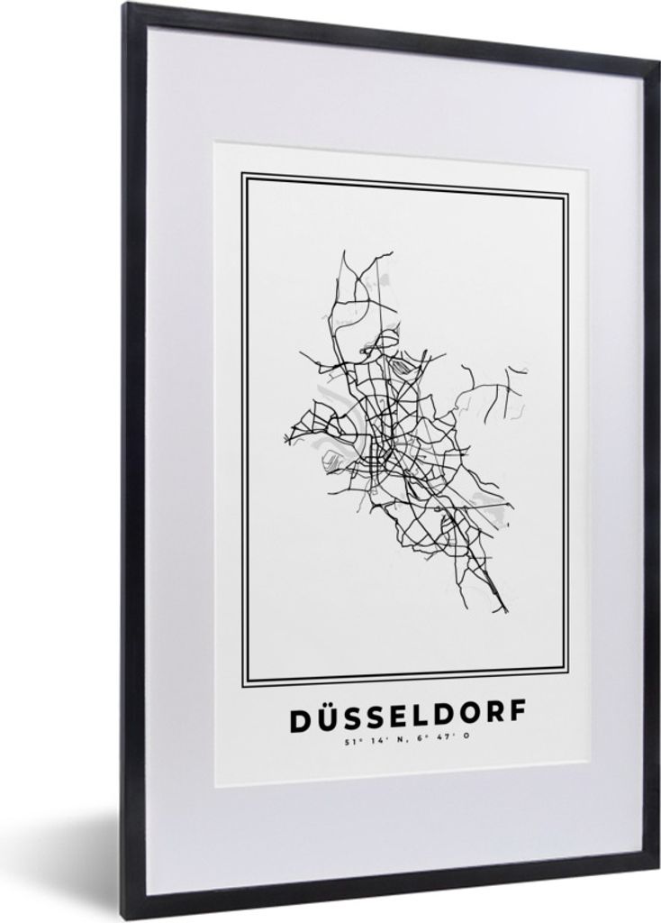 MuchoWow Gerahmtes Poster Deutschland - Düsseldorf - Stadtplan - Karte - Schwarz-Weiß - Karte 40x60 cm - Poster mit Schwarzem Bilderrahmen Wand...