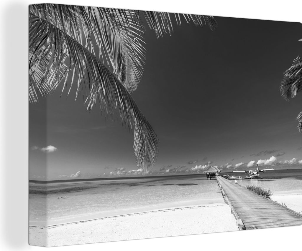 OneMillionCanvasses - Leinwandbilder - 140x90 cm, Bora Bora - Steg - Strand - Schwarz - Weiß, Wandbilder Kunstdruck Wanddekoration