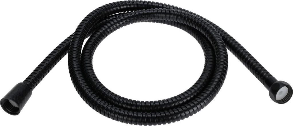 A black flexible hose coiled on a white background.