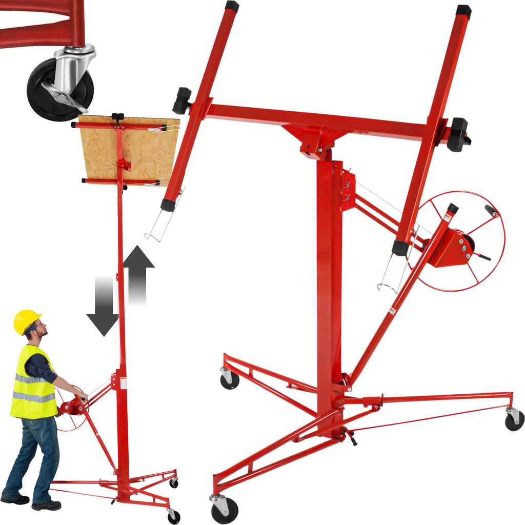 A person in a safety vest and hard hat is operating a red drywall lift. The lift is shown in two configurations, one with a person and one without.