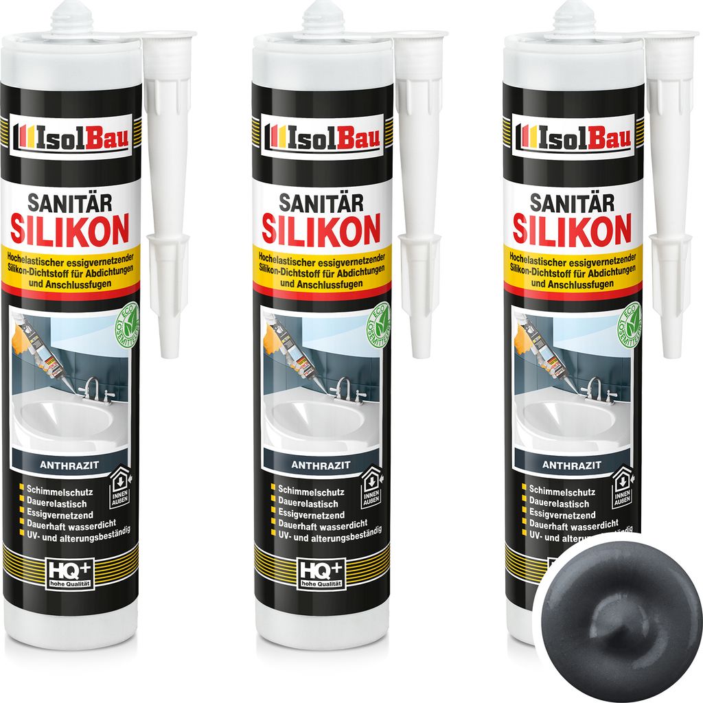 Isolbau Sanitär Silikon 3 x 300 ml Anthrazit - Hochelastischer Silikon-Dichtstoff für Abdichtungen & Fugen – Schimmelresistent, wasserdicht - K...