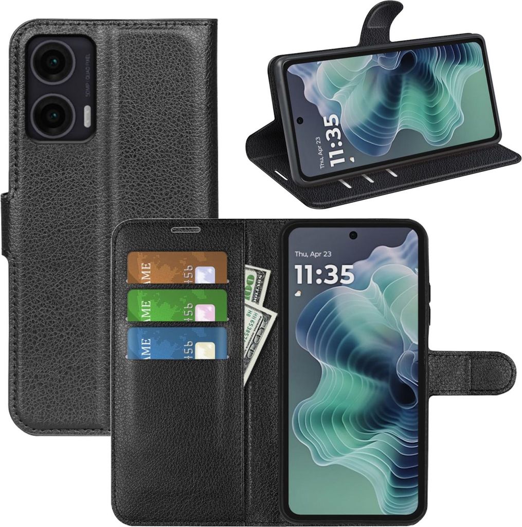 Für Motorola Moto G35 5G Kunstleder Book Wallet Smart Handy Tasche Hülle Cover Schwarz
