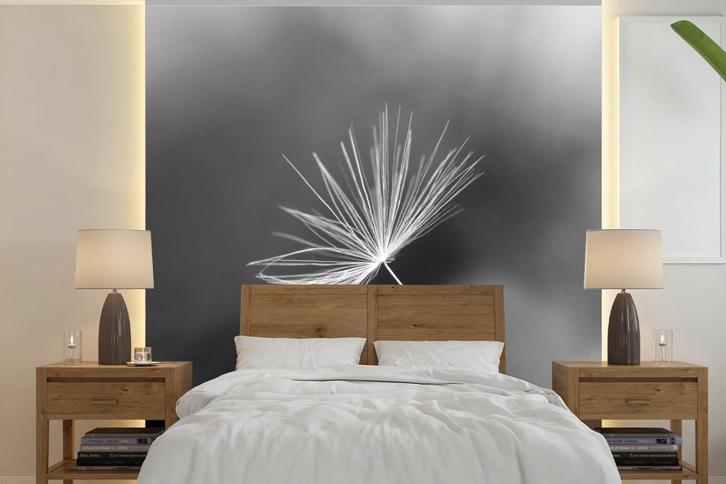 MuchoWow Fototapete für Wohnzimmer oder Schlafzimmer Wandtapete Vinyl Motivtapete Löwenzahnsamen in Schwarz und Weiß - 240x240 cm - Schlafzimm...