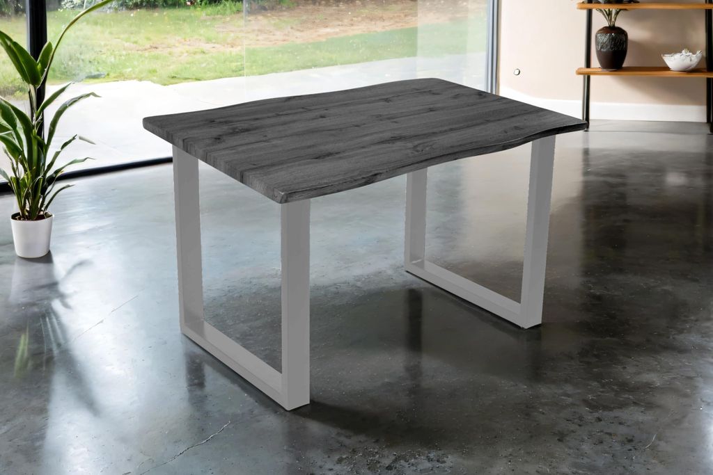 Esstisch Josy | 120 x 80 cm | Holz-Optik in Grau | U-Gestell Metall Silber | 40 mm Tischplatte mit Baumkante | Tisch für Esszimmer & Küche