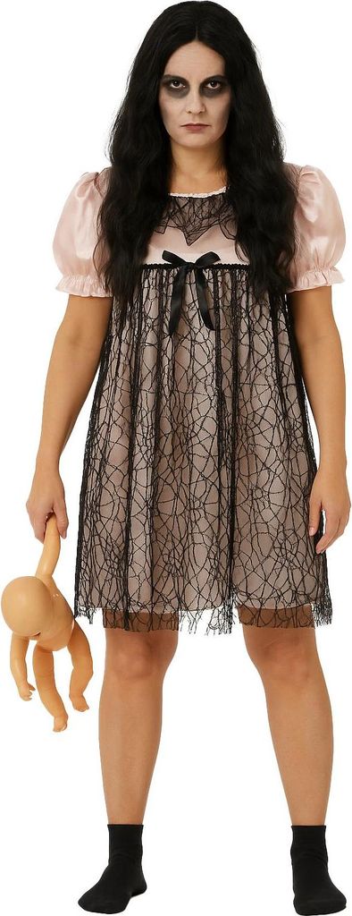 Gruselige Horrorpuppen-Verkleidung für Damen – Halloweenkostüm in Rosa und Schwarz, Größe:M
