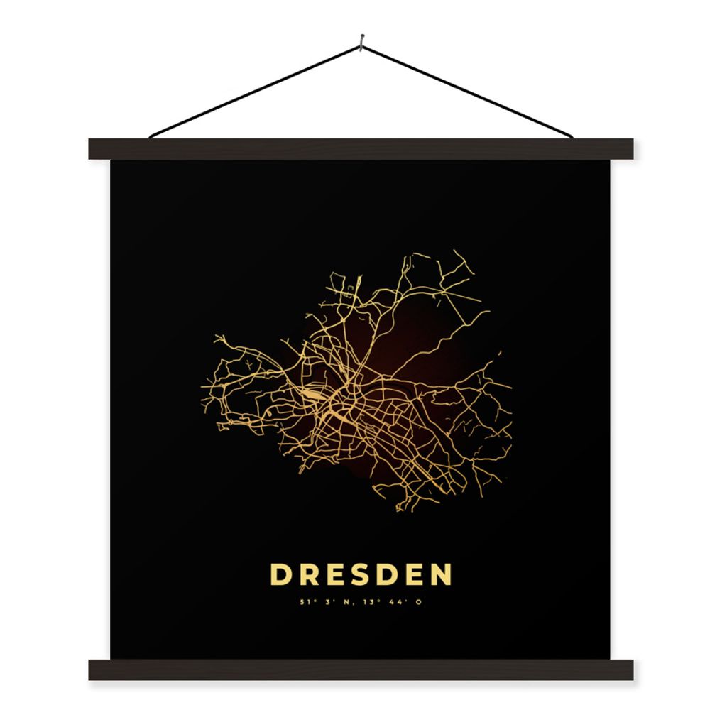 MuchoWow Textilposter Dresden - Karte - Gold - Stadtplan 40x40 cm mit schwarzem Rahmen - Fotos
