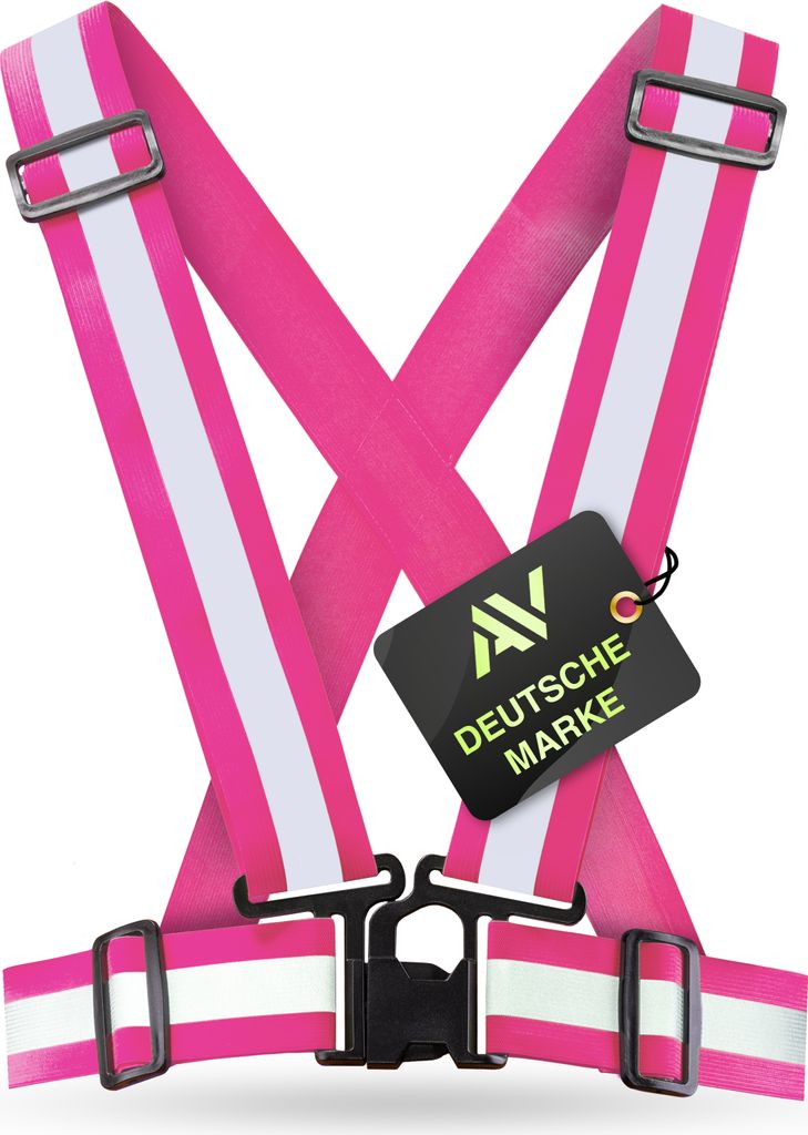 A pink safety vest with reflective white stripes and a black tag with a logo and text.
