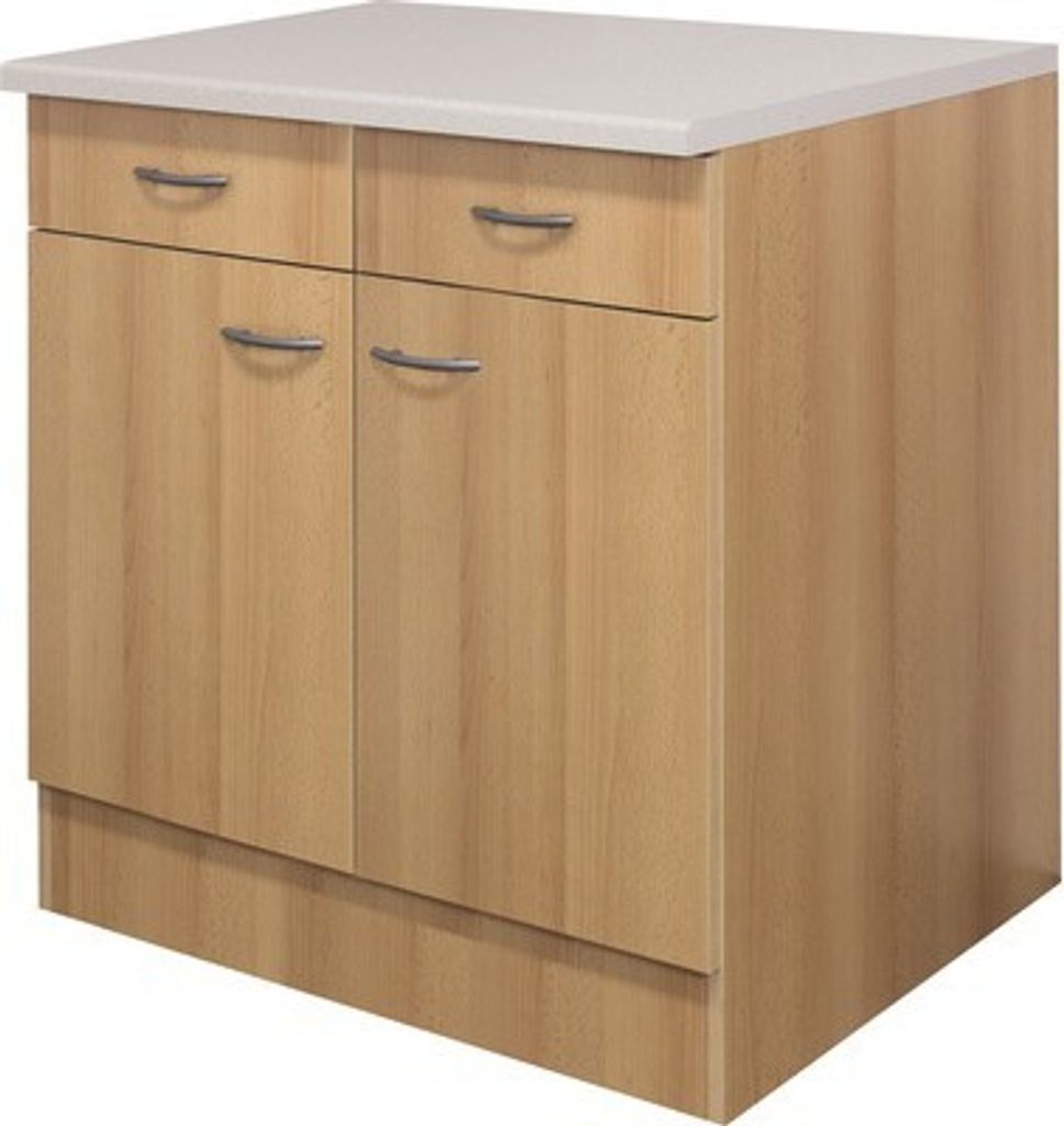 A kitchen base cabinet with two drawers and two doors, made of light wood with a white countertop.