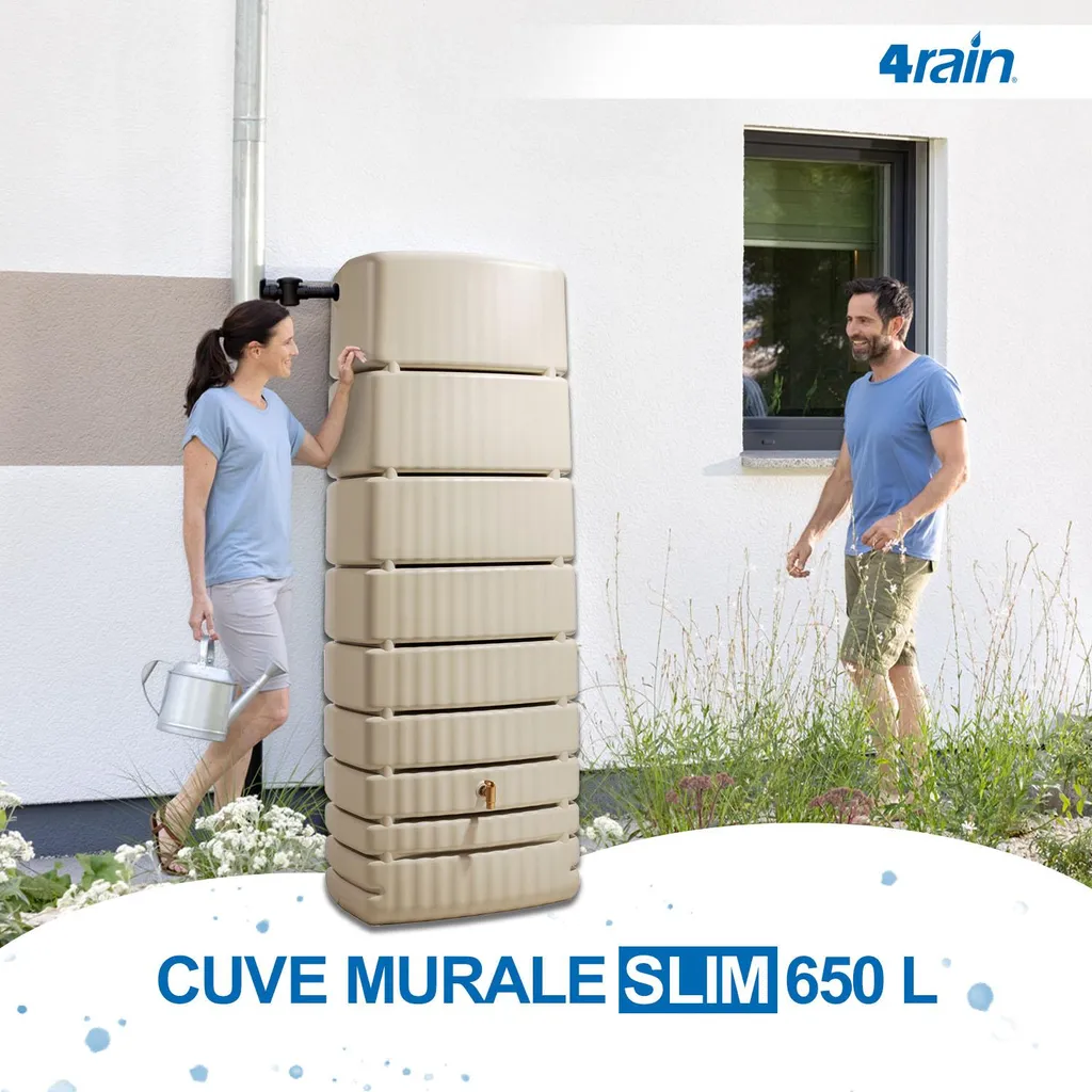 Récupérateur d'eau de pluie 650L SLIM sable 4rain avec robinet chic