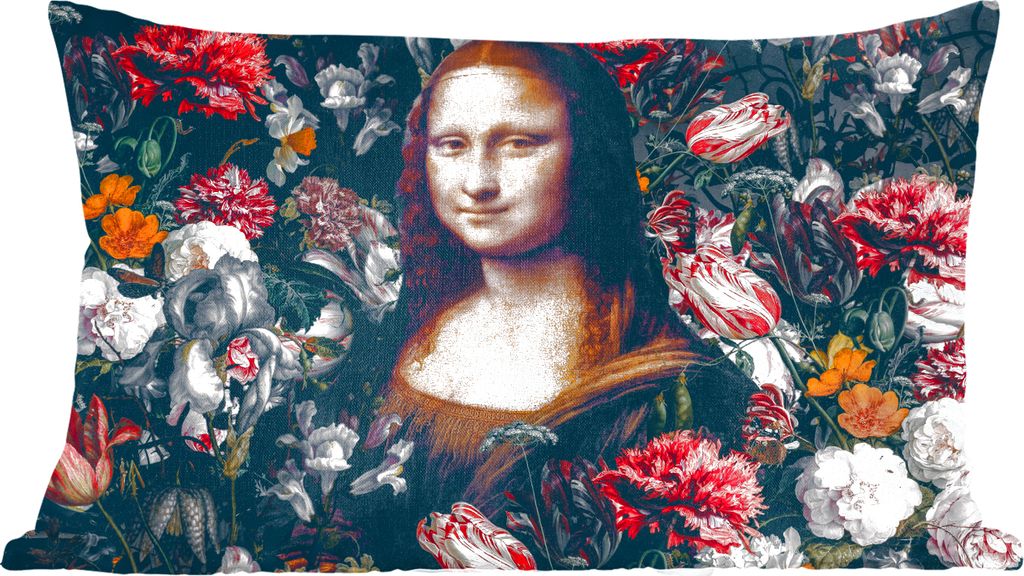 MuchoWow Zierkissen Sofakissen Wohnzimmer Dekokissen 50x30 cm Mona Lisa - Da Vinci - Blumen - Gemälde - Wohnzimmerdekoration - Polster mit Photo