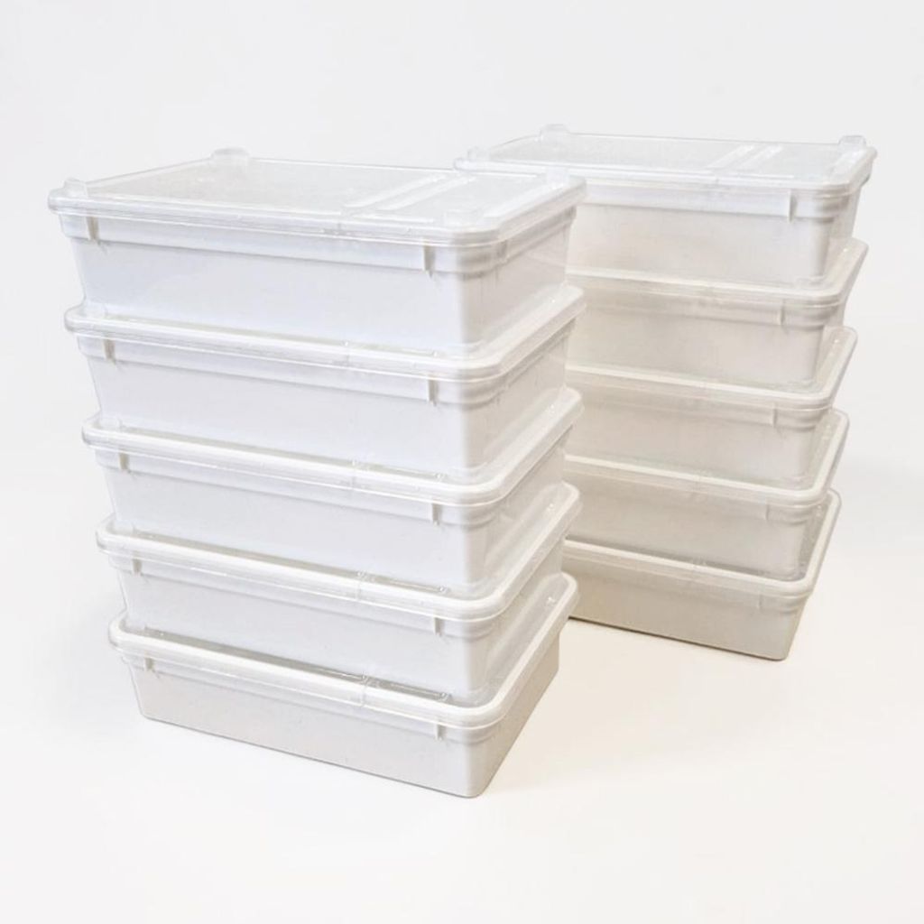10x Aufbewahrungsbox mit Deckel 0,8 Liter in weiß 18,5 x 12,5 x 5,0 cm– Stapelbarer Organizer für Küche, Bad, Büro, Haushalt & Vorrat
