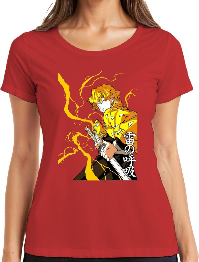 Zenitsu Kimetsu no Yaiba Blitz Schwert Anime Manga 雷の呼吸 Geschenk Damen T-Shirt, Rot, S