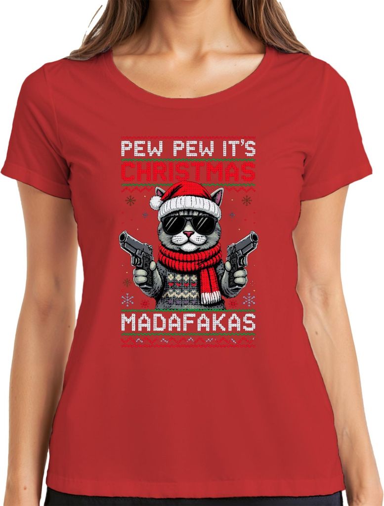 PEW PEW ITS CHRISTMAS MADAFaKAS Katze Sonnenbrille Pistolen Damen T-Shirt, Rot, M
