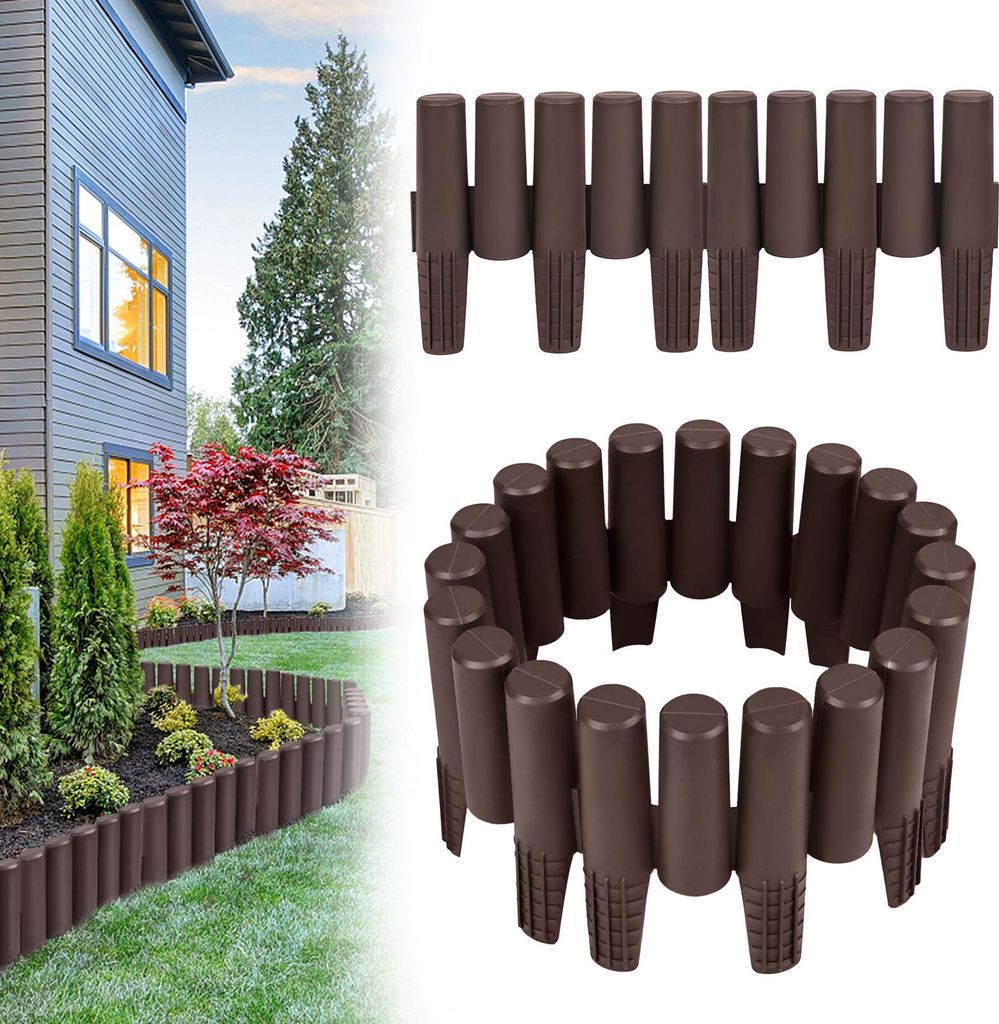 XINZI Rasenkante Holzoptik Garten Beetumrandung Mähkante Palisade aus Kunststoff, Einfacher Aufbau, wasserdicht, frostsicher (Braun 5,6m)