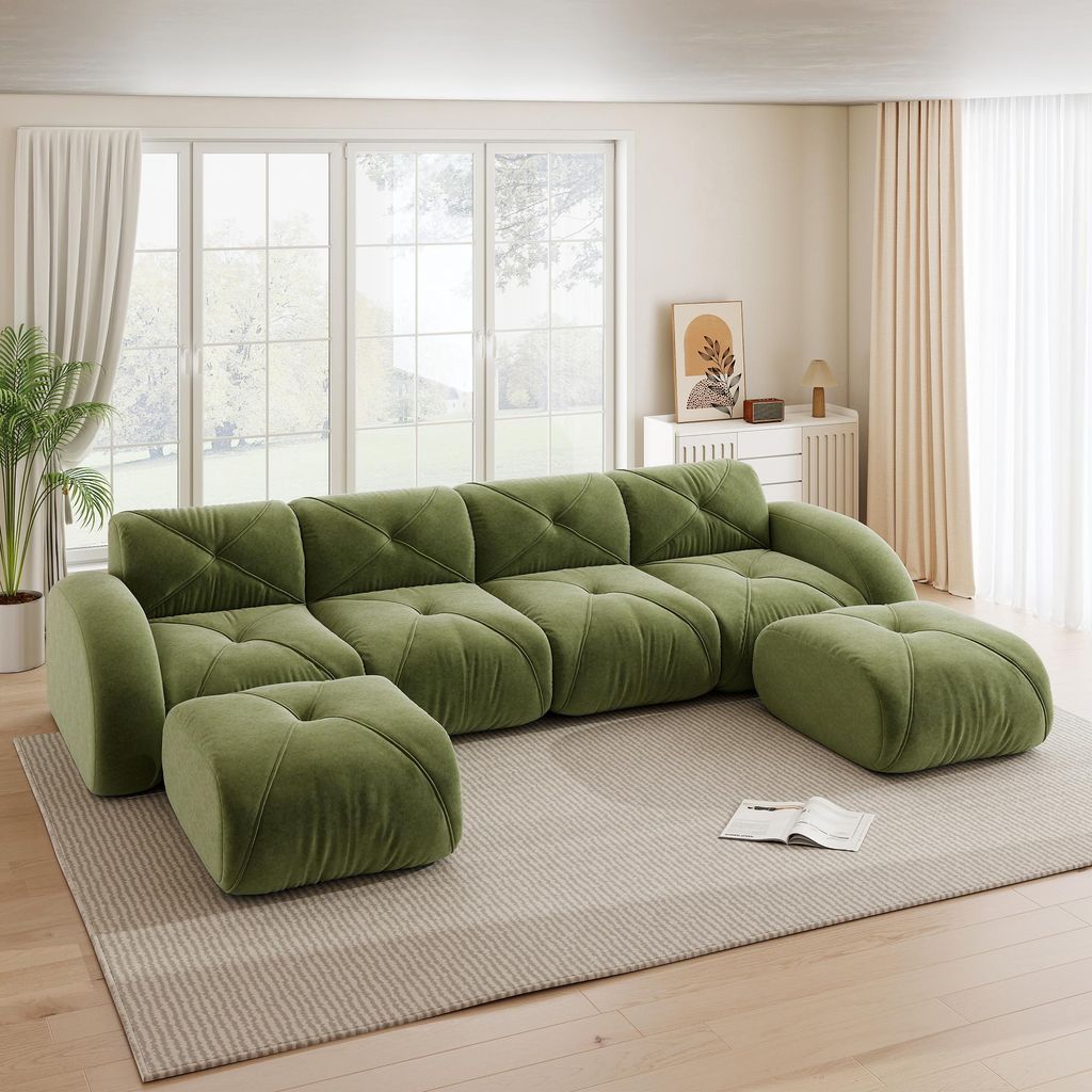 Chenille-U-förmiges Modulsofa, 4-Sitzer-Kombination, mit 2 Hockern, 358 x 171 x 76 cm, Grün