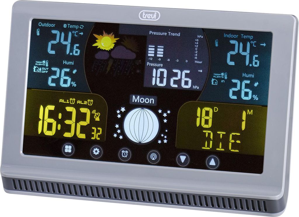 Trevi ME 3P70 RC-Wetterstation mit Außensensor und Touch-Bedienung, Thermometer, Luftfeuchtigkeit und Mondphasenanzeige, programmierbare Alarme mi...