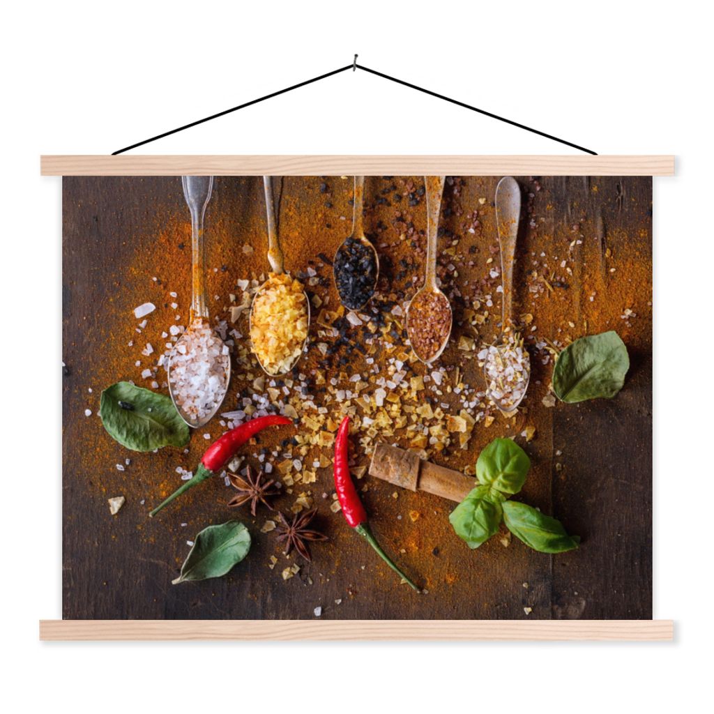 MuchoWow Textilposter Löffel - Kräuter - Chili - Gewürze - Salz 120x90 cm mit holzfarbenen Rahmen - Magnetisch