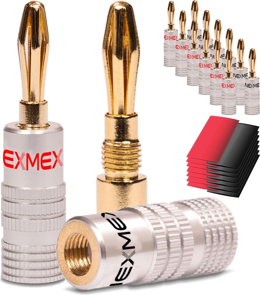 14x Bananenstecker NEXMEX mit Schrumpfschlauch High End Bananas 24K vergoldet