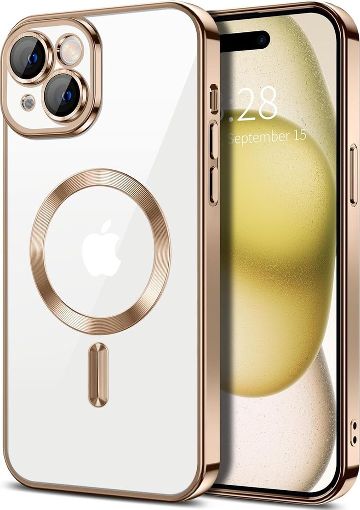 Magnetische Klar Hülle für iPhone 15 Plus, Kompatibel mit MagSafe, Elektroplattiert Handyhülle mit Kameraschutz Braun