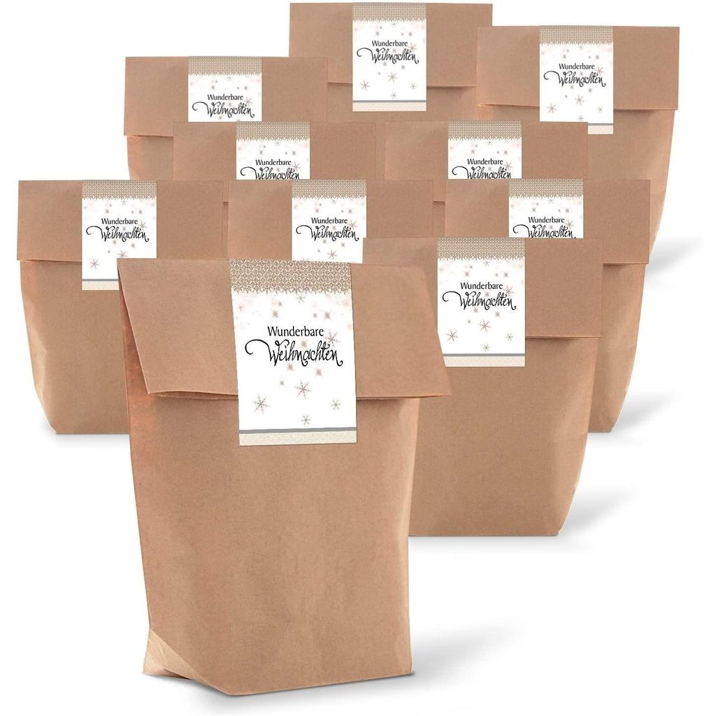 25 braune natur weihnachtliche Verpackung Geschenk-Tüten Kraftpapier 14 x 22 x 5,6 cm + 25 Aufkleber FROHE WEIHNACHTEN Verpacken Weihnachtsgeschen...