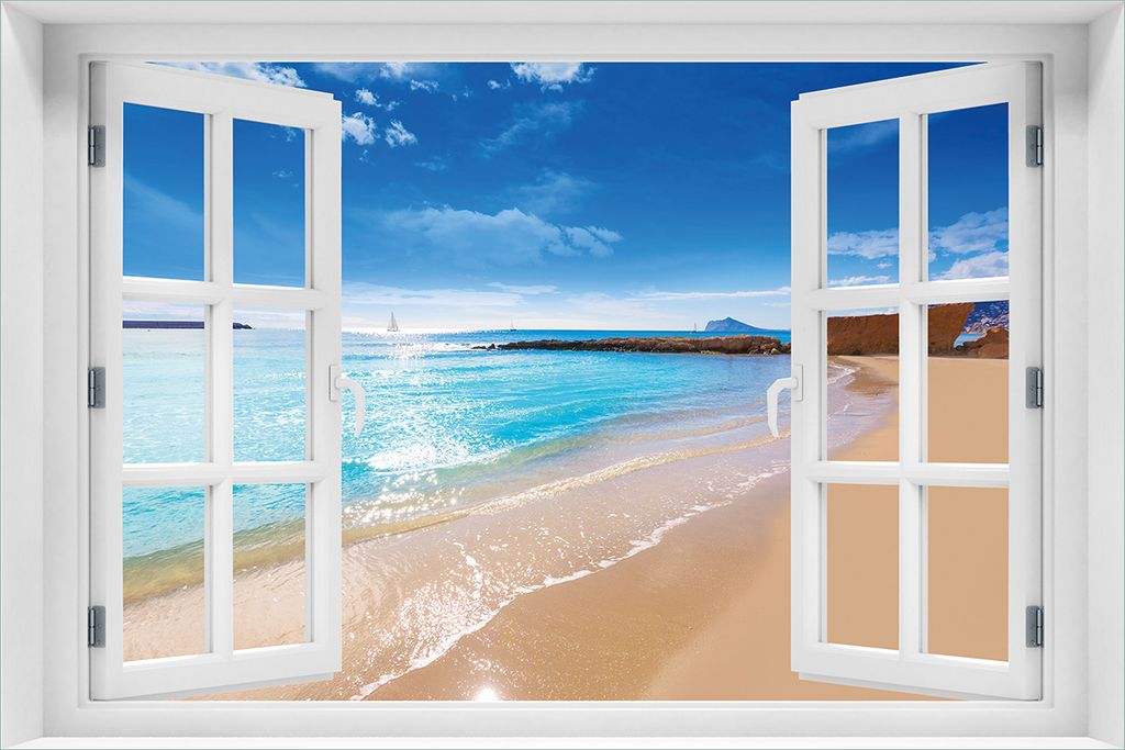 Wallario Wandbild aus Acryl, 60 x 90 cm, freischwebende Optik - Traumstrand unter blauem Himmel mit Fenster-Illusion