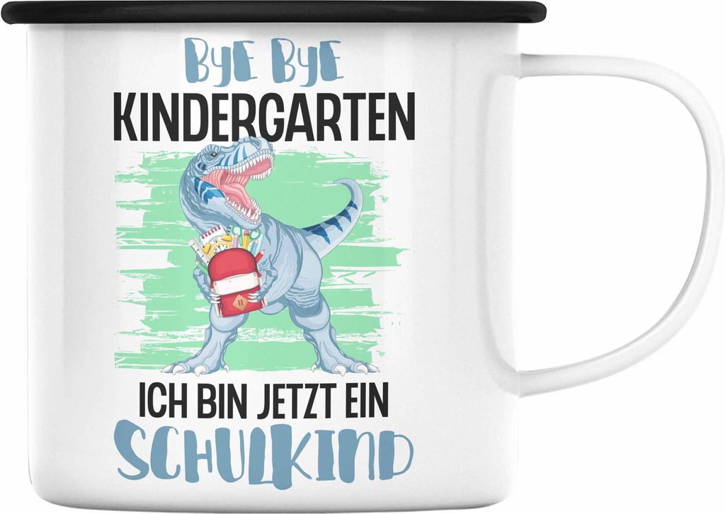 Trendation - Einschulung Junge Dino Geschenk für Schultüte Füllung Emaille Tasse Schulstart 1. Schultag Schuleinführung Schulanfang Geschenkide...