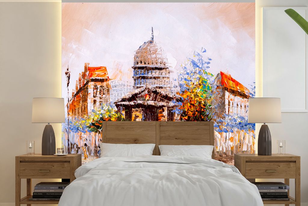 MuchoWow Fototapete für Wohnzimmer oder Schlafzimmer Wandtapete Vinyl Motivtapete Gemälde - Stadt - Öl - 240x240 cm - Schlafzimmer-Tapete