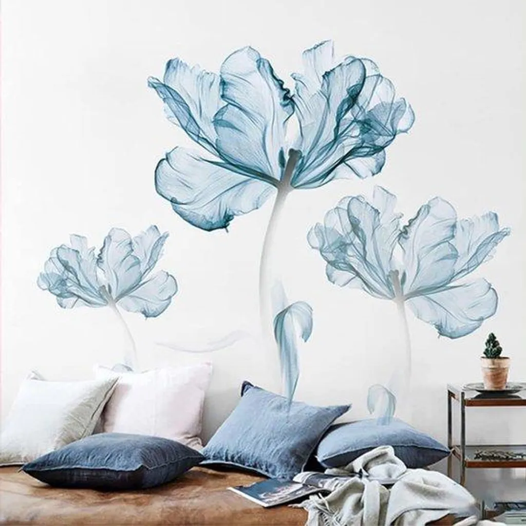 Autocollants muraux fleurs bleues XL en vinyle pour salle de bain chic