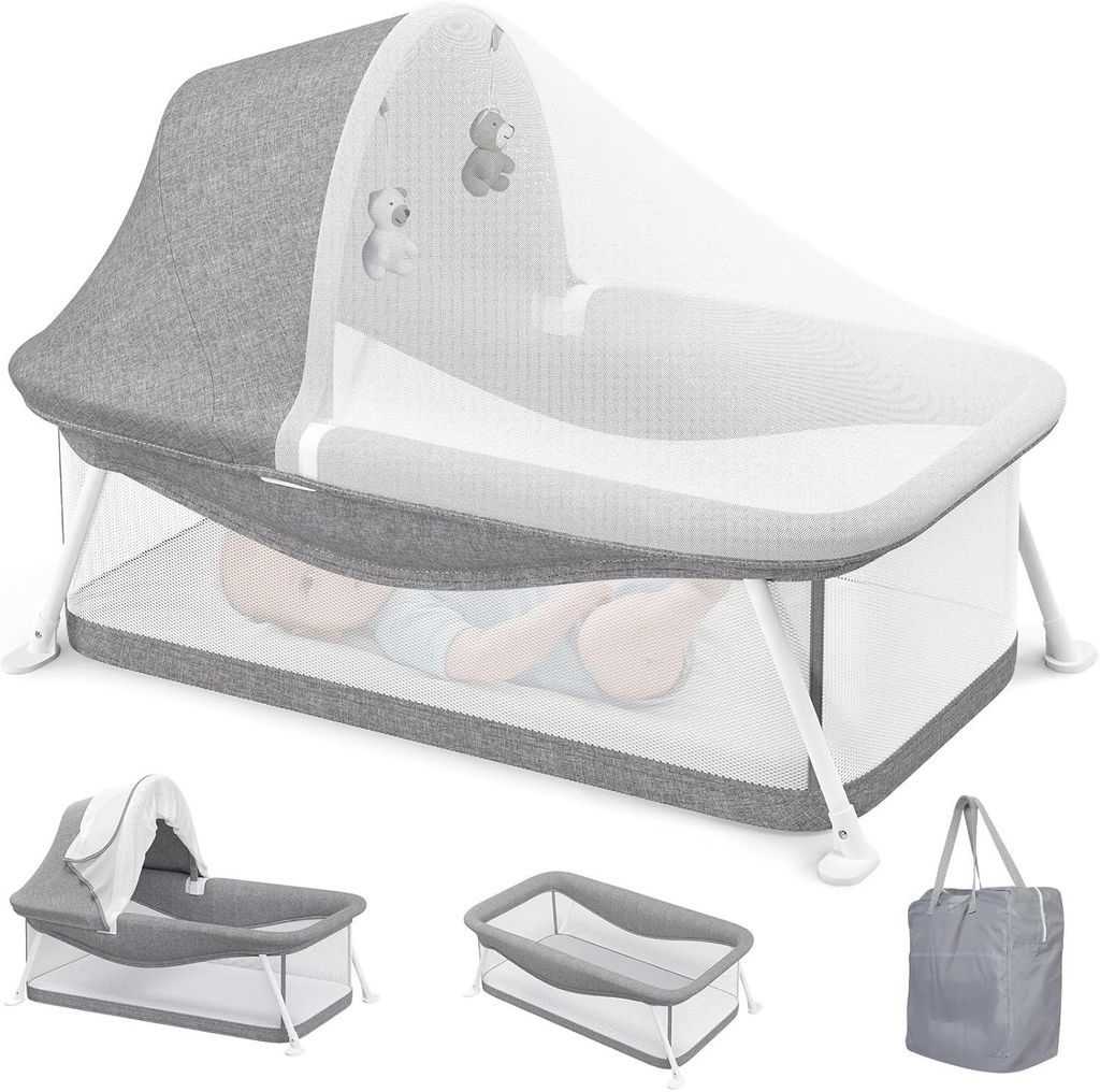 Reisebett geeignet für Babys von 0-5 Monaten, Portable, Klein Zusammenklappbar, Ausgestattet Moskitonetz und Spielzeug, Liegefläche 80x40cm, (Grau)
