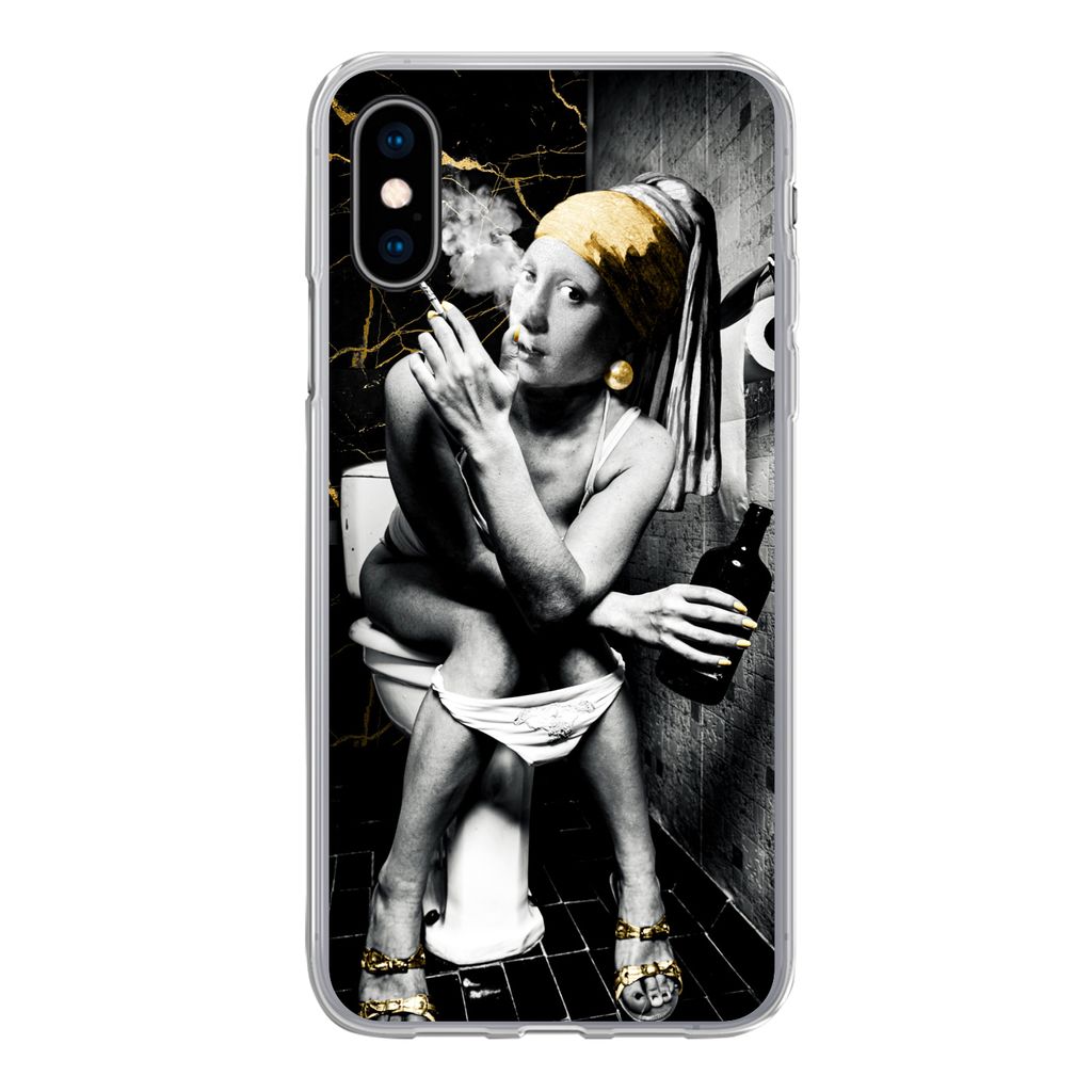 MuchoWow Handyhülle Schutzhülle Hülle für iPhone X Marmoroptik - Mädchen mit Perlenohrring - Zigaretten - Toilette - Gold - Kunst - Alte Mei...