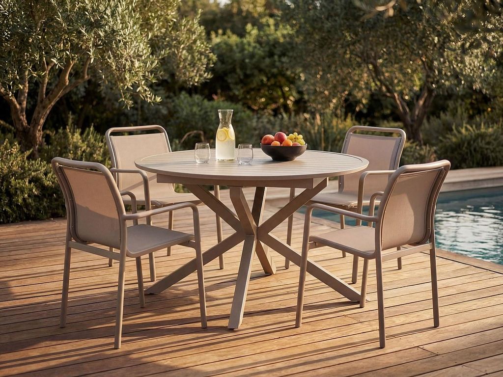 Gartenessgruppe aus Aluminium: ein ausziehbarer runder Tisch L.150/200 cm und 4 stapelbare Sessel - Taupe - VELYRA von MYLIA