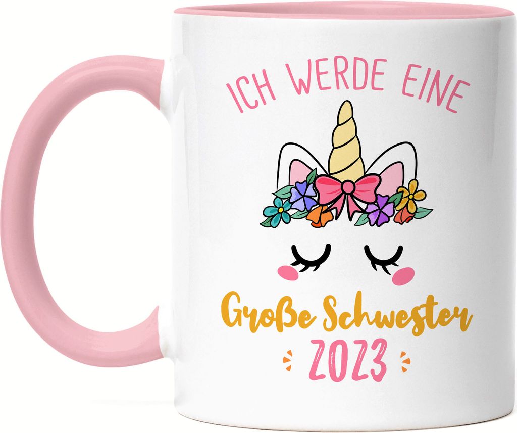 Ich werde Große Schwester 2023 Tasse Rosa Schwangerschaft Verkündung Geburt Big Sister Geschenk Einhorn