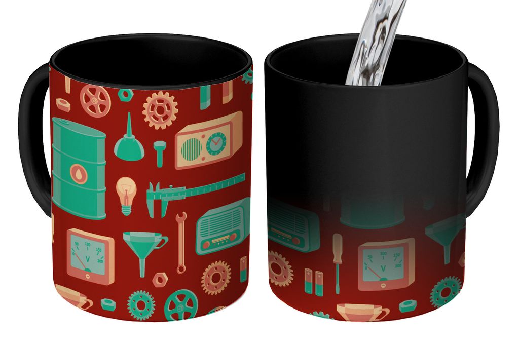 KitchenYeah Zauber Tasse Zaubertasse Magic Muster - Retro - Werkzeuge 350 ml Farbwechsel Becher Geschenk Geschenkidee - Magic-Tasse - Fototasse -...