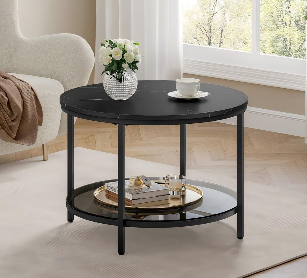 VASAGLE Couchtisch, Wohnzimmertisch, moderner Stil, 65 x 46 cm (Ø x H), Marmorschwarz-Tintenschwarz