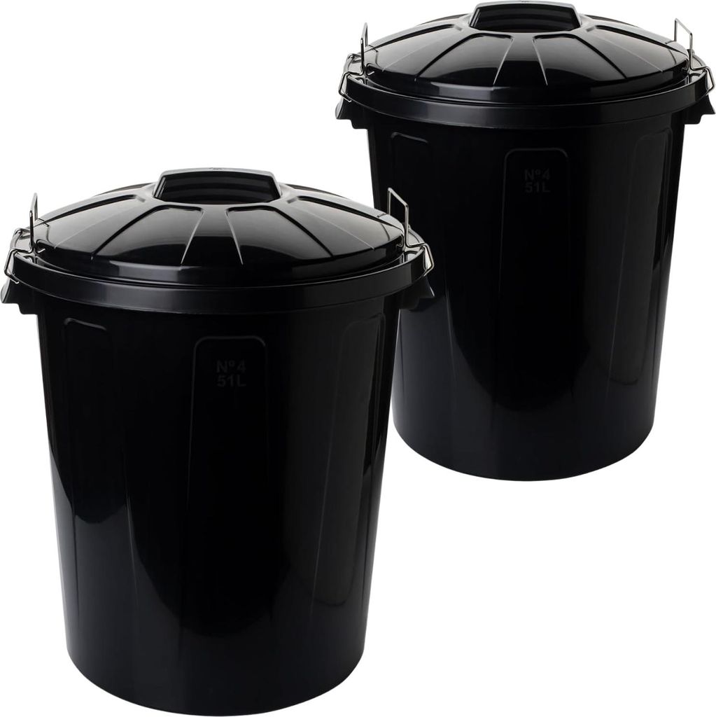 TRIBONO 2er Set Mülltonne 51L mit Deckel, stabile Abfalltonne aus Kunststoff, schwarz