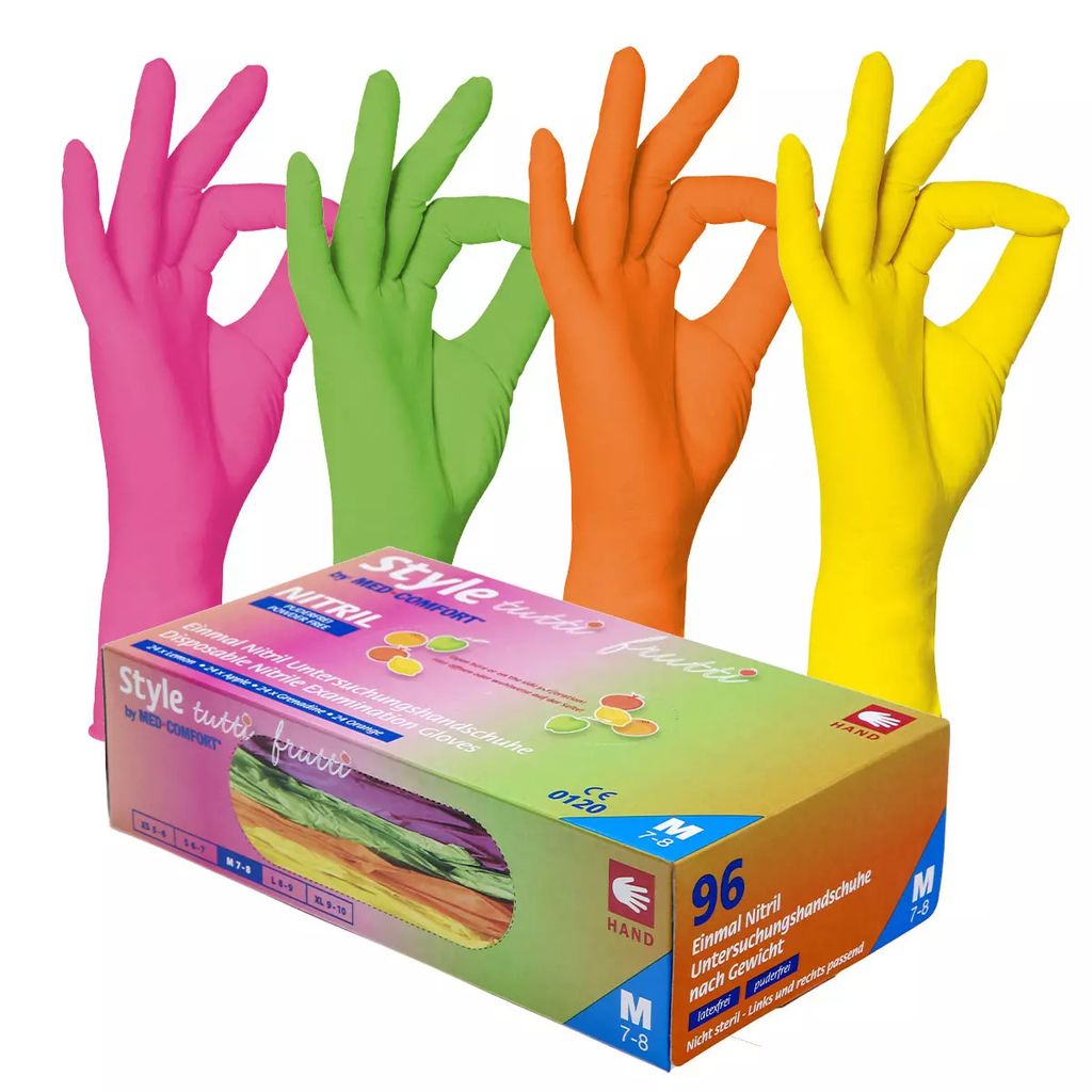 A box of colorful nitrile gloves with hands wearing gloves in the background.